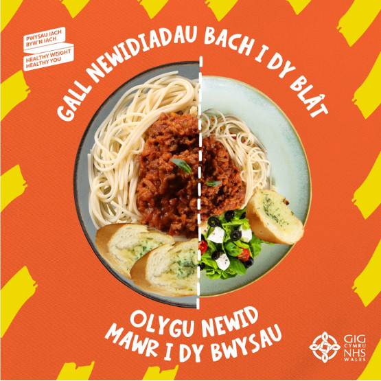 Llun o blât bwyd gyda dogn mawr un ochr a dogn llai yr orch arall. Neges yn darllen 'Gall Newidiadau Bach i Dy Blât Olygu Newid Mawr i Dy Bwysau'
